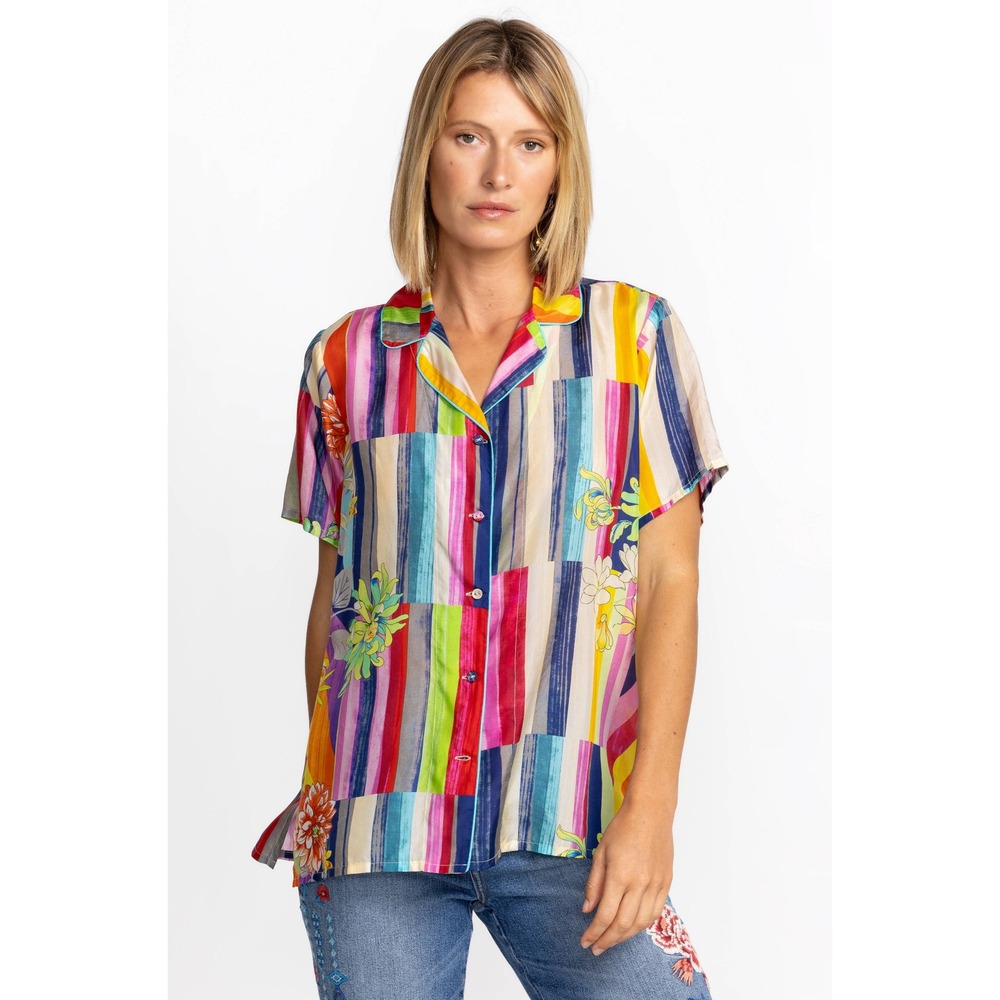 Johnny Was Silk Floral Striped Button Down Camp Shirt Multi Color Short Sleeve S